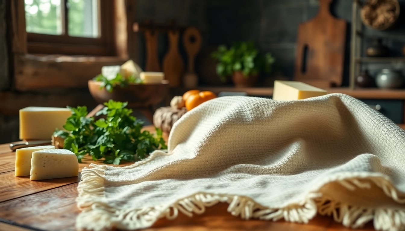 Gebruik van een kaasdoek voor het maken van kaas in een gezellige keuken.