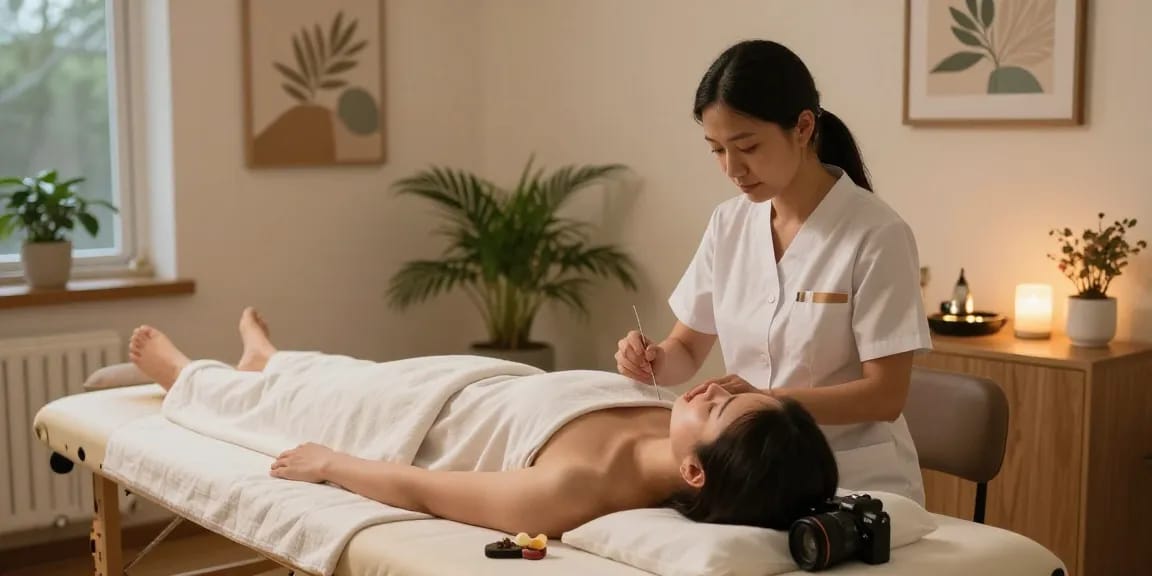 Healing session at 영통한의원 showcasing acupuncture treatment in a tranquil environment.