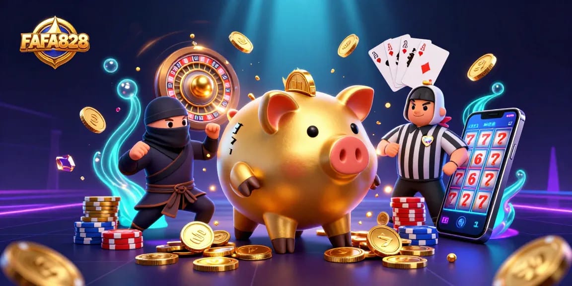 Engage in thrilling action with FAFA828 characters, showcasing dynamic gambling elements like coins, cards, and roulette.