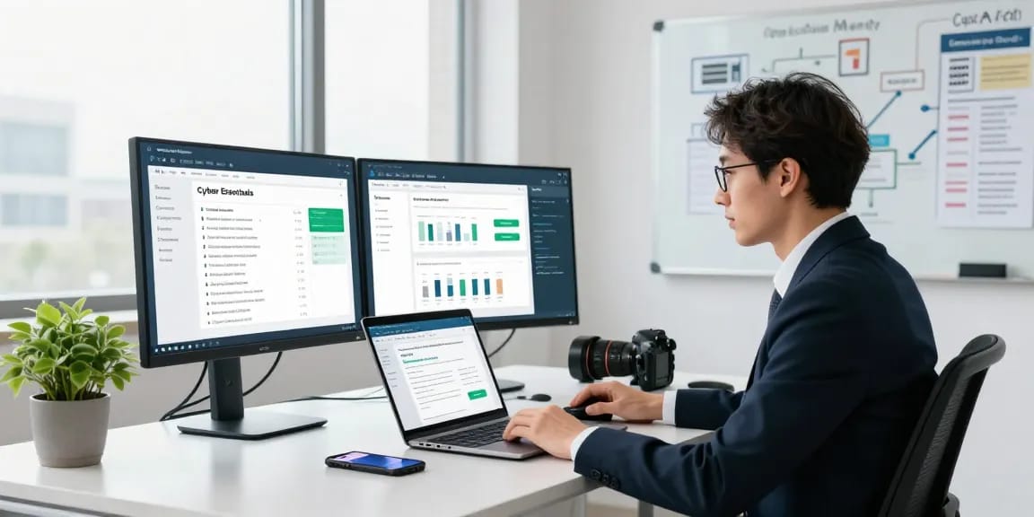 Cyber essentials accreditation process in a modern office, compliance analyst reviewing metrics and guidelines.