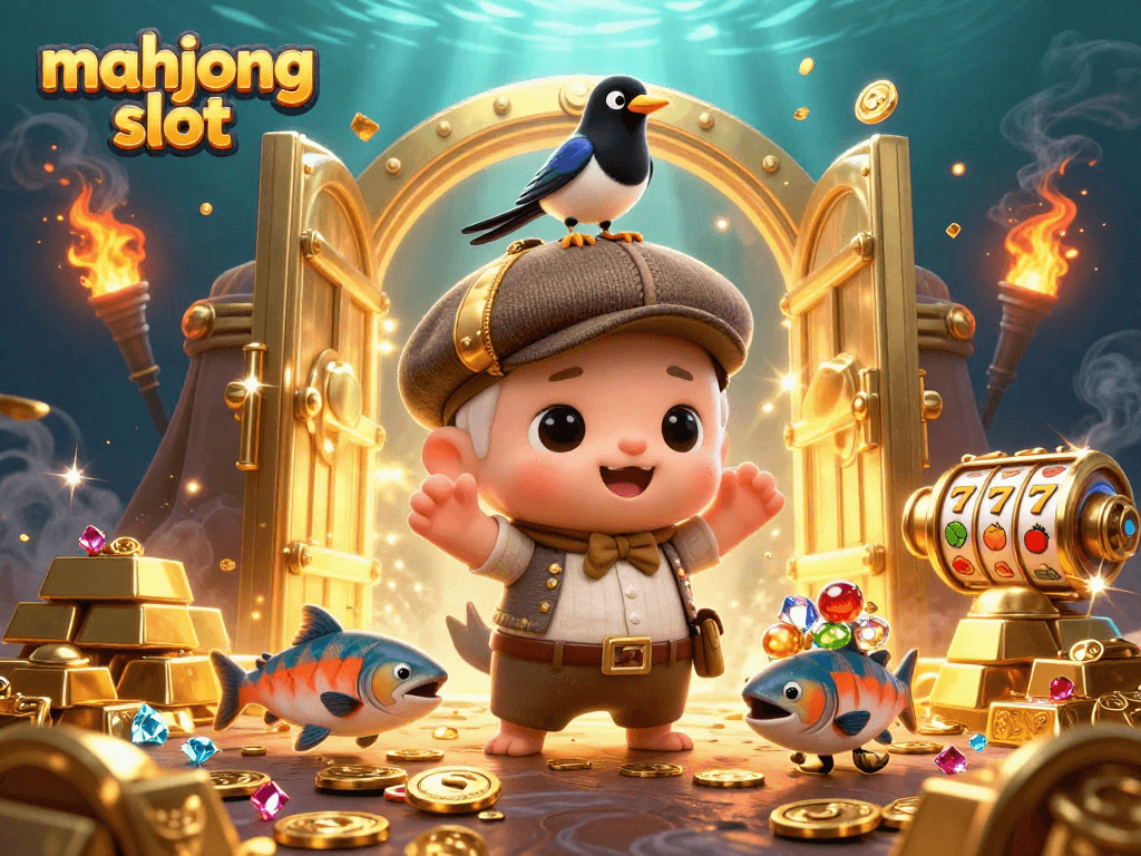 Win big with mahjong slot in this dynamic underwater casino illustration featuring Nessie.