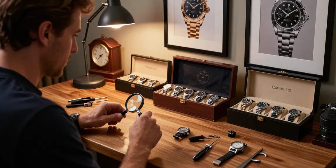Replica watch collection displayed on a polished oak table during an enthusiast's examination.