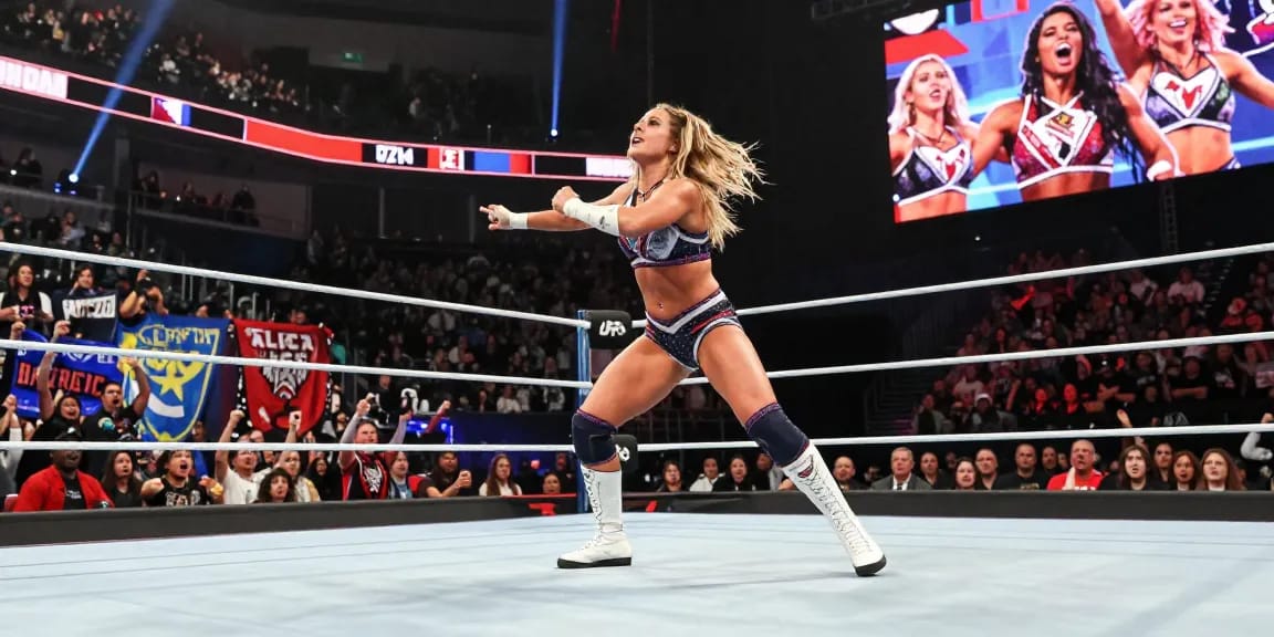 Alexa Bliss showcasing her skills in a dramatic wrestling match with vibrant arena lights.