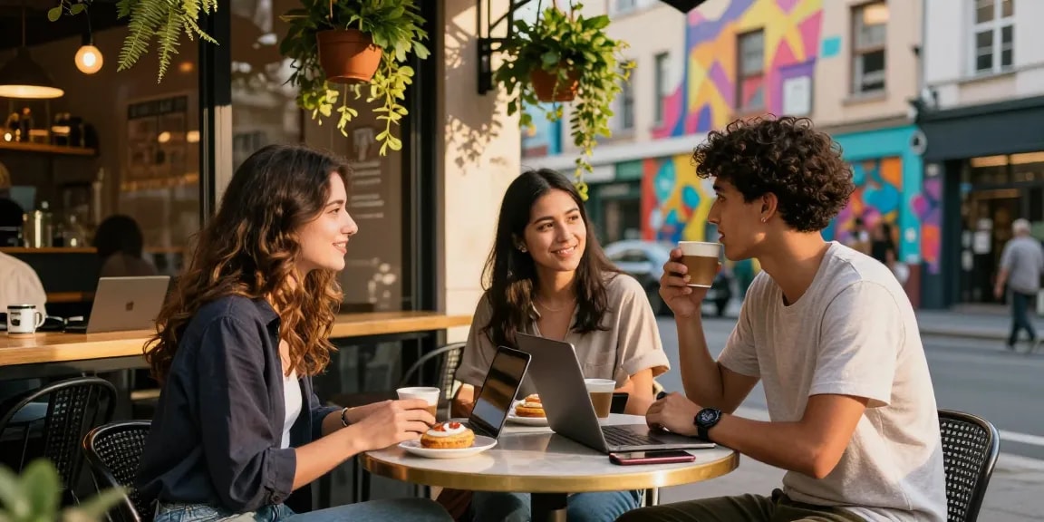 Friends enjoying coffee at a café, showcasing the vibrant urban lifestyle of rokok88 community.