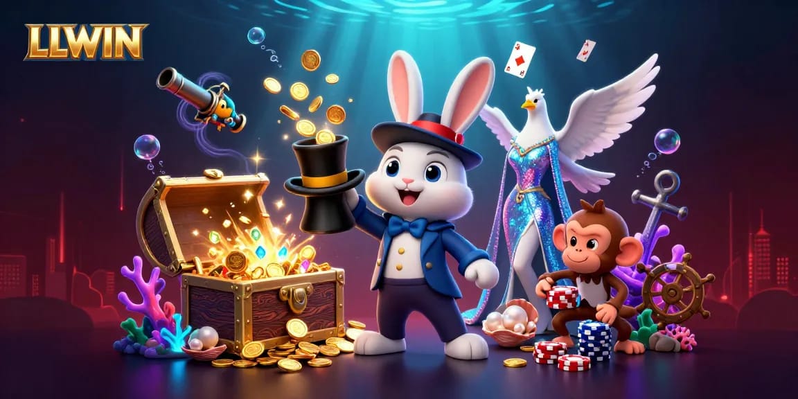 Experience the excitement of LLWIN as a magician rabbit pulls gold coins, surrounded by thrilling casino elements.