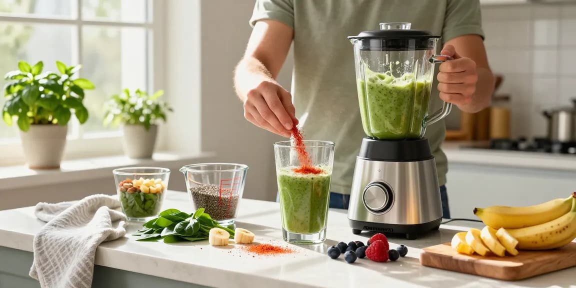 Vibrant kitchen scene with a health-conscious individual preparing a vegan astaxanthin supplement smoothie, showcasing fresh ingredients and a lively setting.