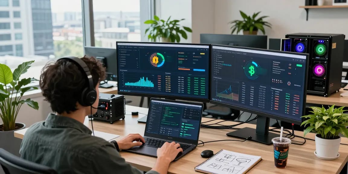 bitcoin mining company workspace with modern tech, dual monitors, cryptocurrency mining graphs and dashboards, energy-efficient GPU rig