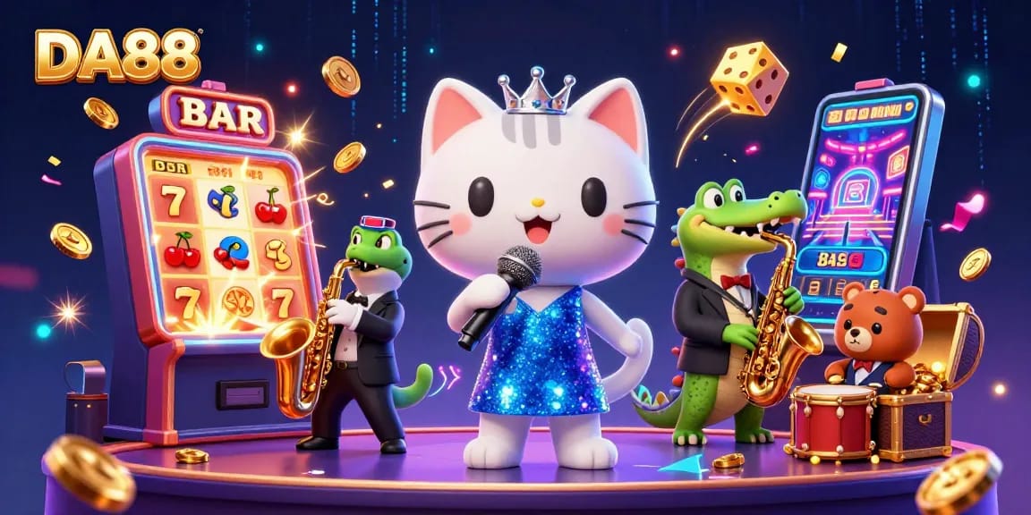 Experience thrilling gameplay at DA88 casino with vibrant characters and exciting slot machine wins.