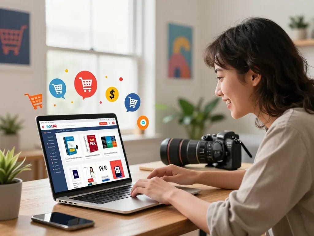 Enthusiastic individual discovering PLR products online in a vibrant e-commerce setting.