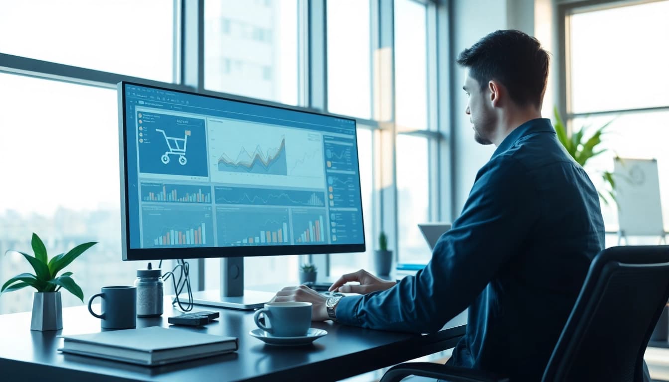 Software engineering workspace with innovative data analysis tools and a developer.