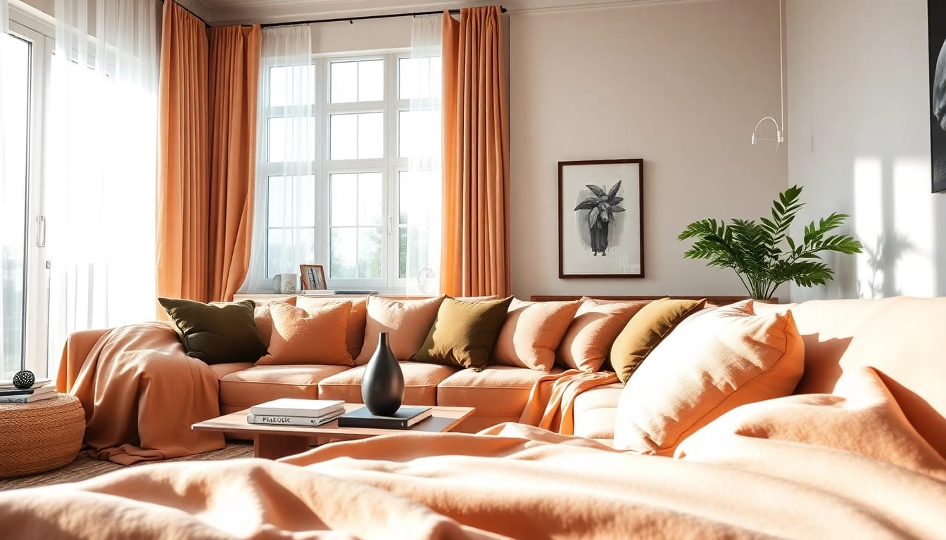 Fluweel stoffen bank in een gezellige woonkamer met uitnodigende kussens en natuurlijk licht.