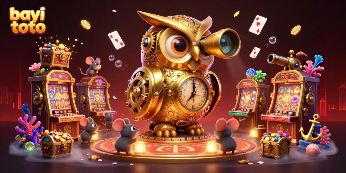 Experience the excitement of bayi toto with a golden owl scanning a lively casino scene filled with slot machines.