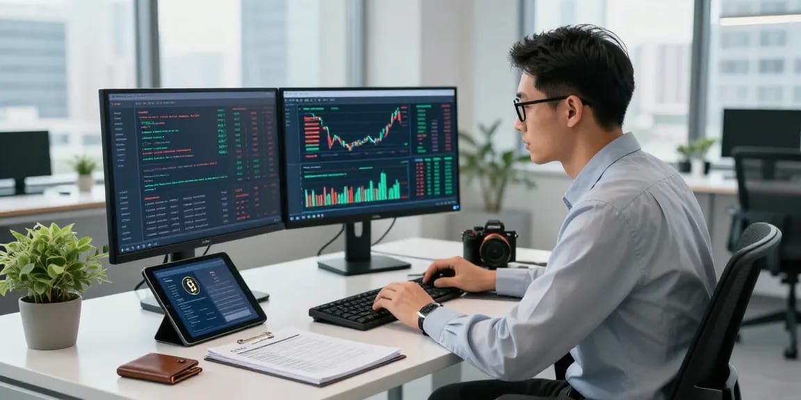 Expert analyzing financial data to recover stolen cryptocurrency, showcasing modern office dynamics.