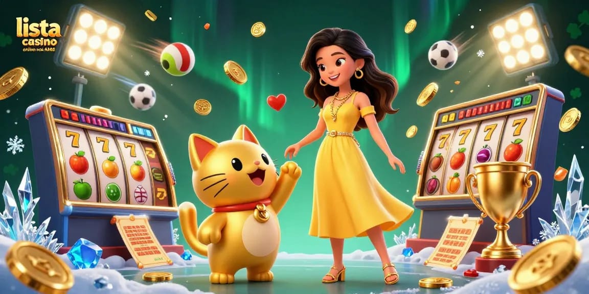Interagisci con la lista casino online non AAMS che mostra una scena vivace di una donna felice e un gatto fortunato accanto a elementi di gioco emozionanti.