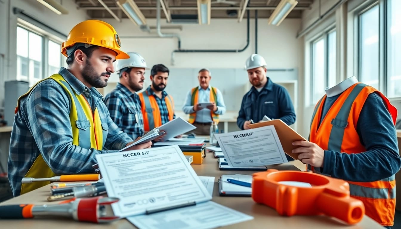 Workers pursuing NCCER certification in a professional training setting with focused expressions.