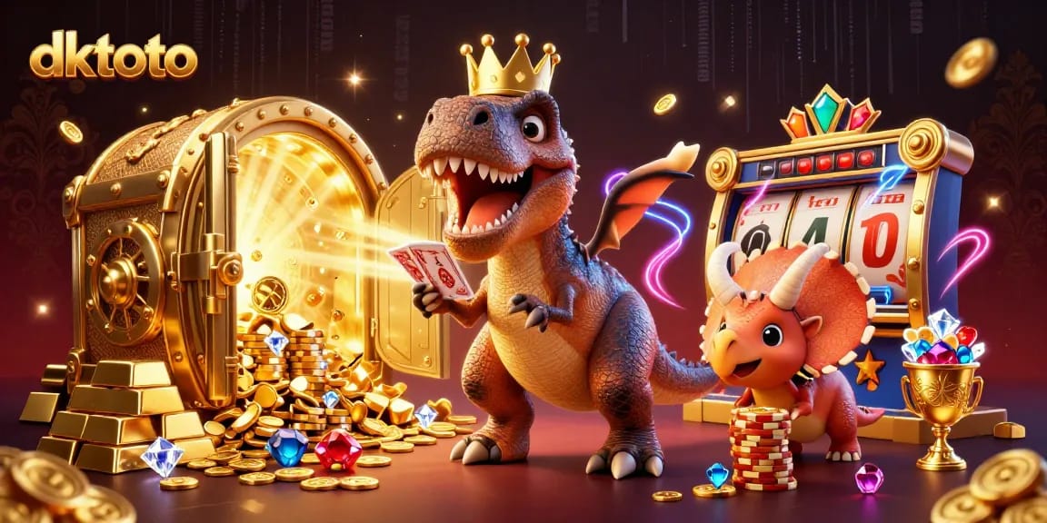 Experience excitement with dktoto as a cartoon T-Rex shuffles cards and stacks winnings.
