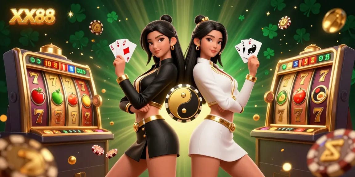 Engage with dynamic gambling strategies at XX88, featuring twin Asian women embodying excitement with cards and casino elements.