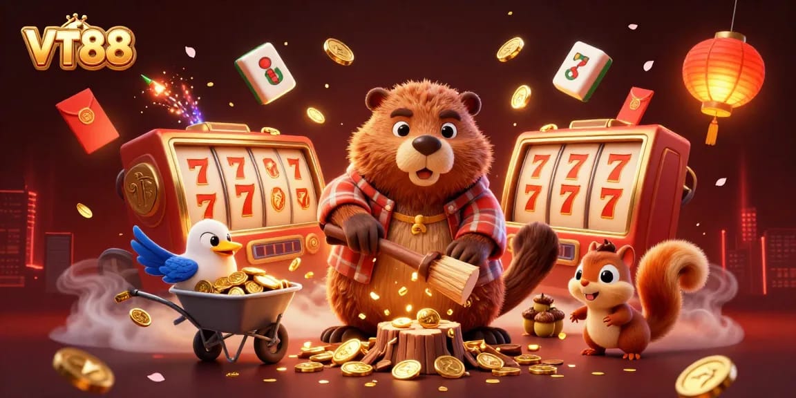 Engage with VT88 as a vibrant beaver collects coins in a lively casino illustration.