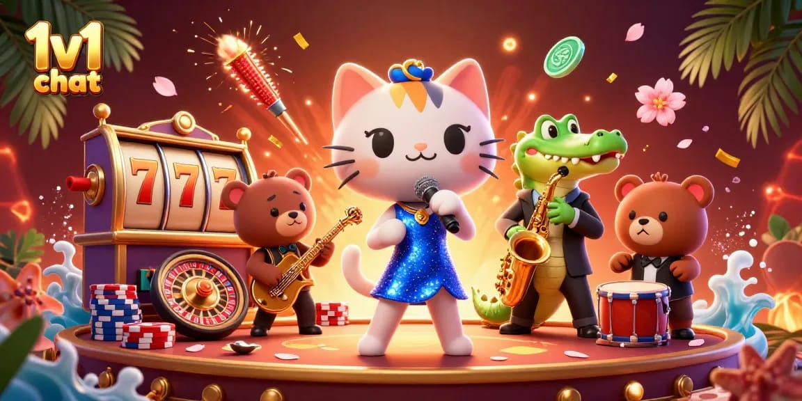 Experience thrilling 1v1 chat with fun characters in a lively casino scene