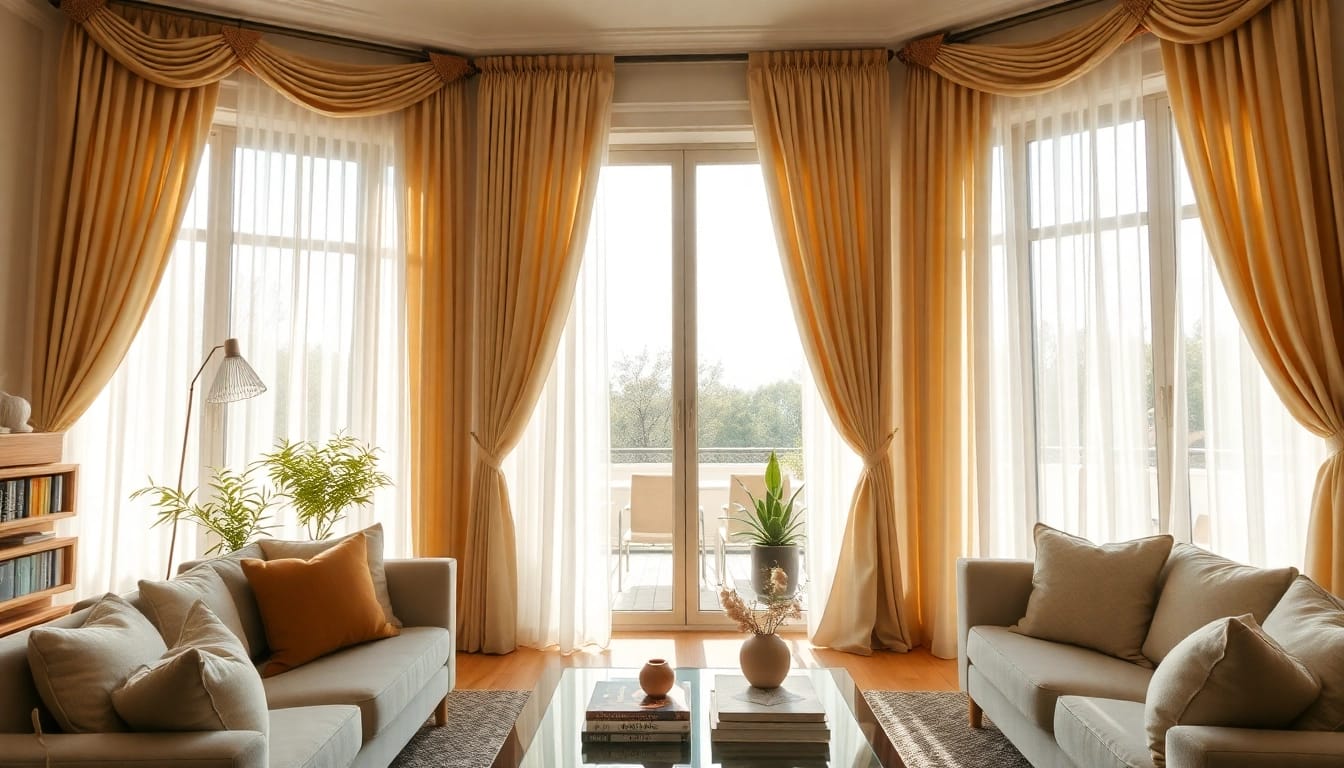 Verduisterende gordijnen in een elegante woonkamer, die een stijlvolle uitstraling geven.