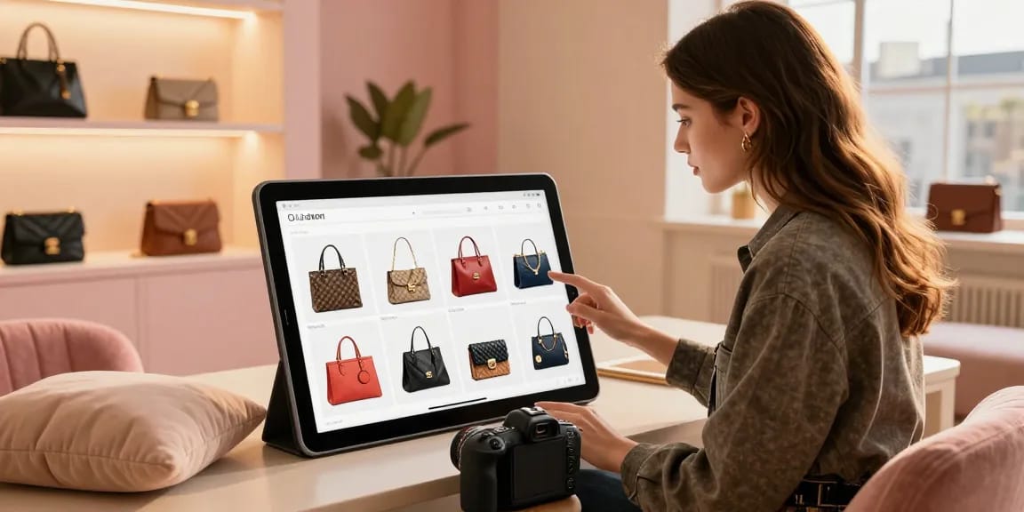 Browsing stylish replica handbags on a luxury e-commerce site, showcasing modern fashion trends.