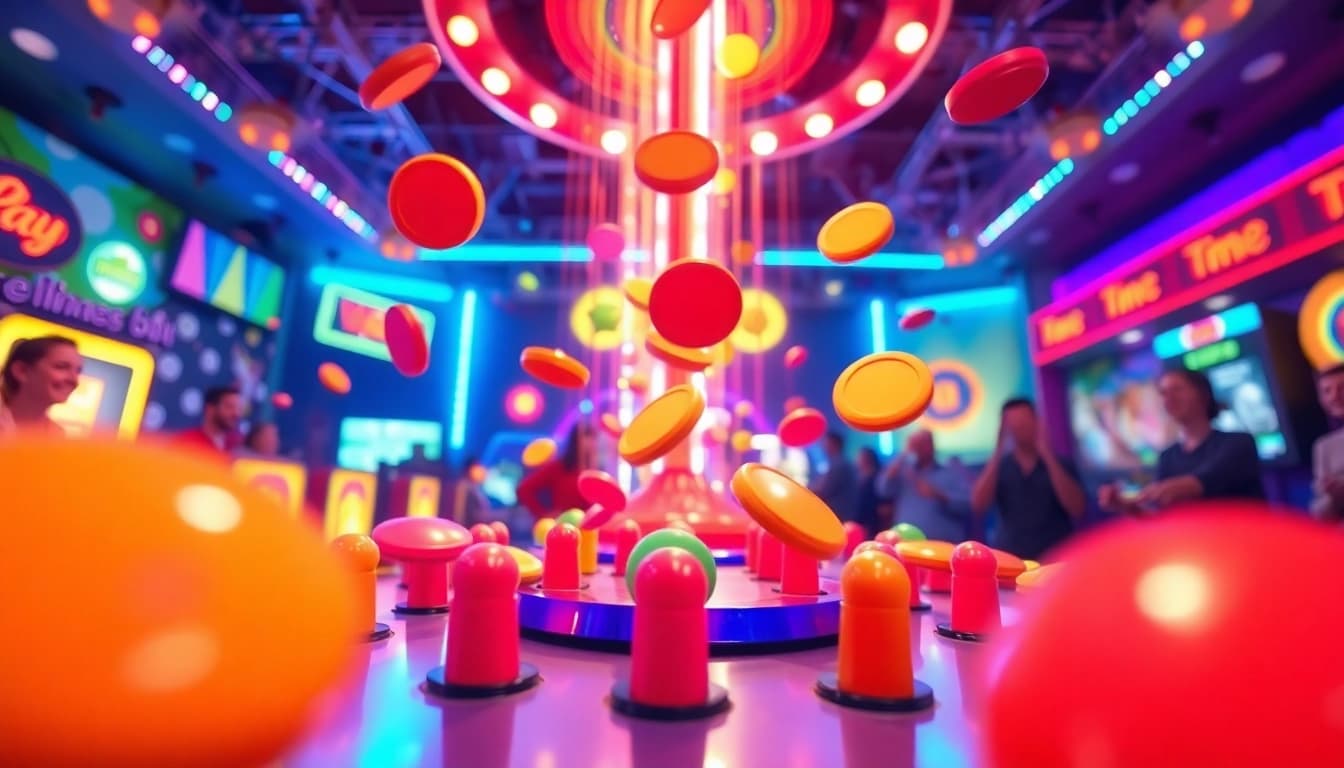 Permainan plinko demo yang menarik dengan pegs berwarna-warni dan disk jatuh yang dinamis.