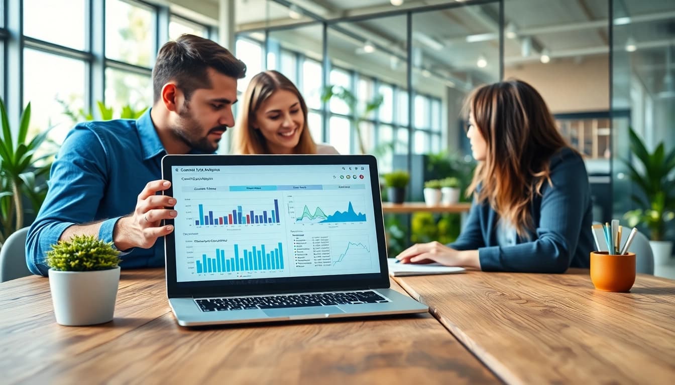 Exploring a Content Gap Analysis in a collaborative office environment with charts and discussions.