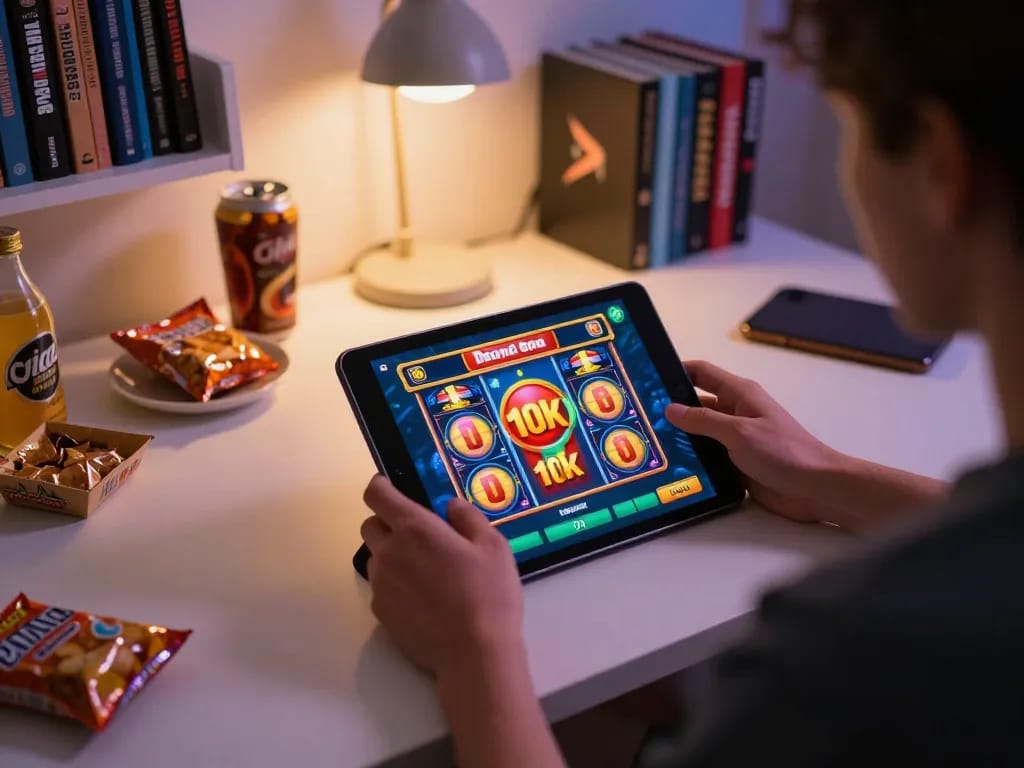 Engaging in slot depo 10k gameplay on a tablet in a cozy home setting with snacks and drinks