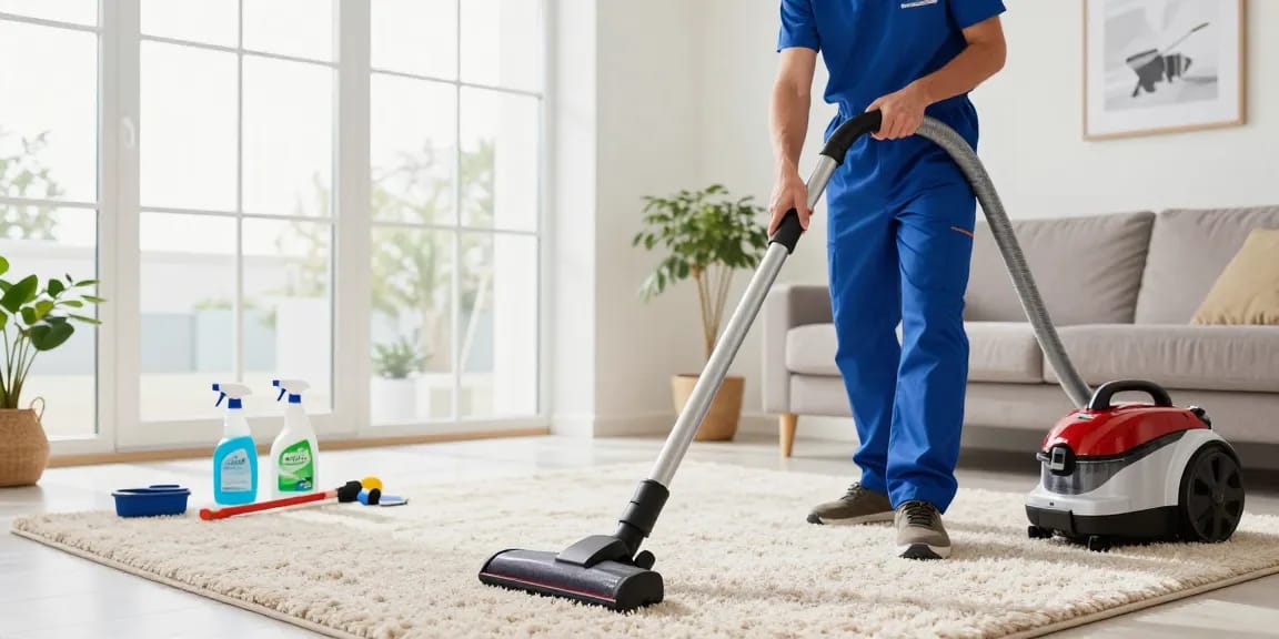atscleaning.co.uk professional cleaning service technician vacuuming a bright living room with eco-friendly products