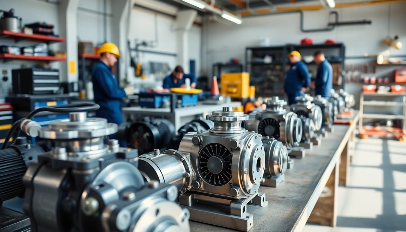 Offering hydraulic pump services in a clean and organized workshop environment.
