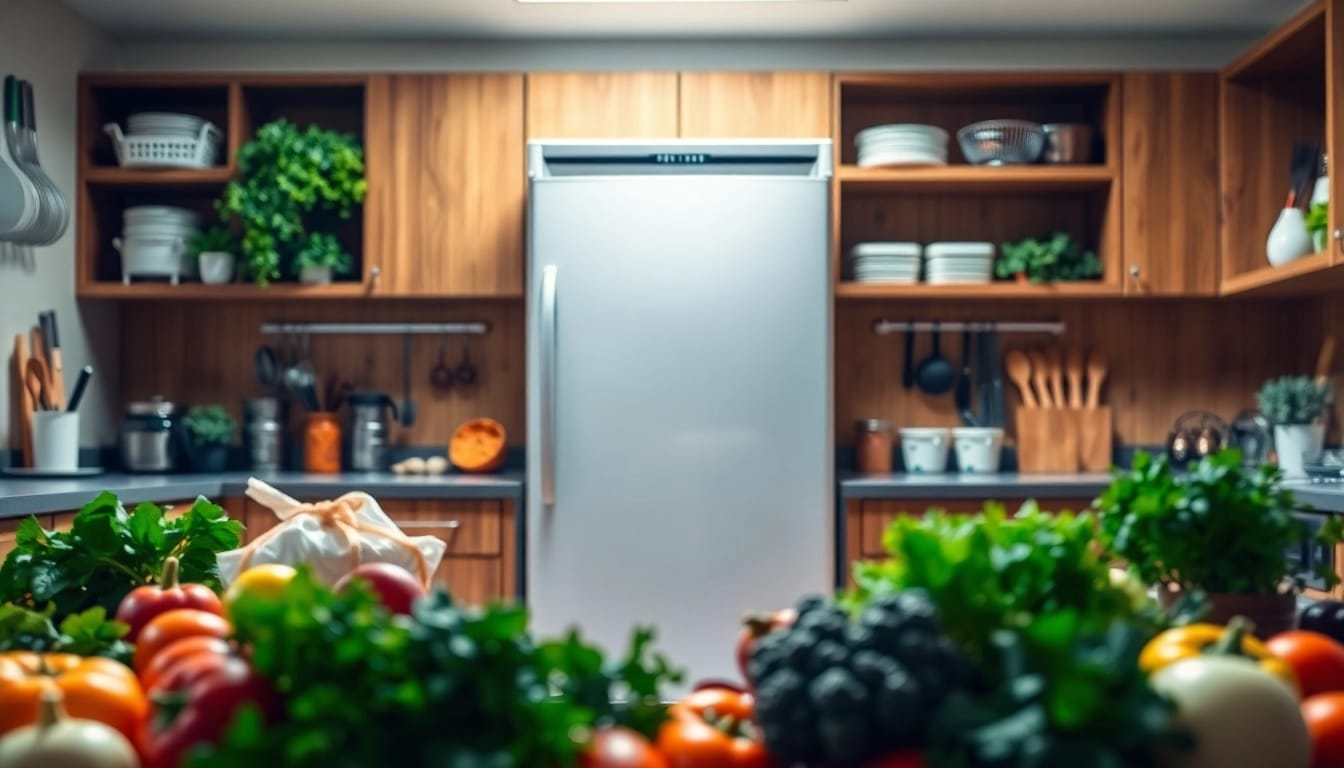 Showcasing a modern Freezer in a professional kitchen with fresh ingredients surrounding it.