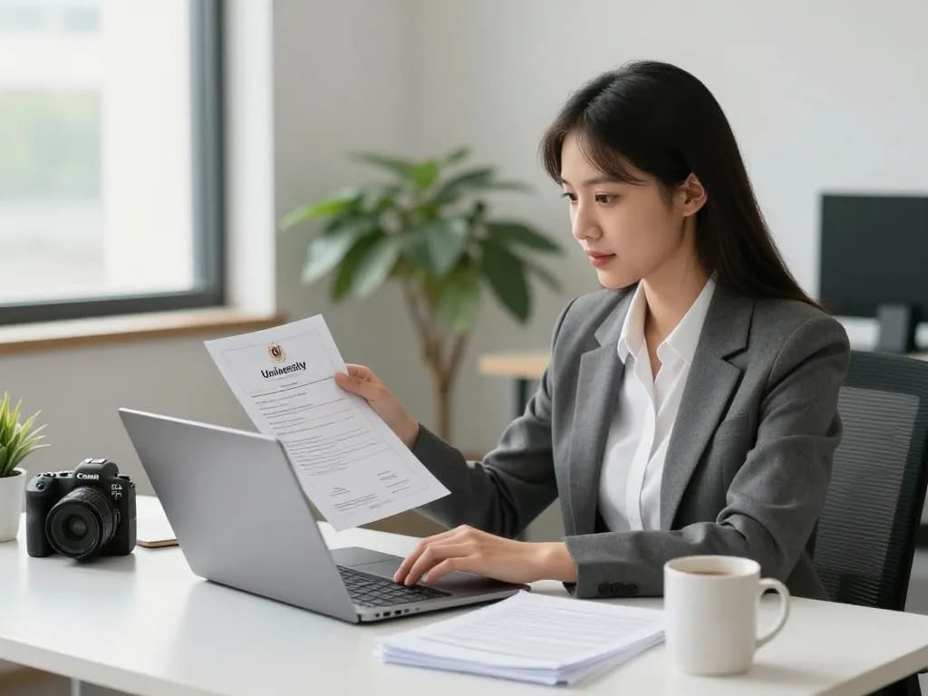 NU Academic Documents & ECA Application Guideline being processed in a modern office environment.