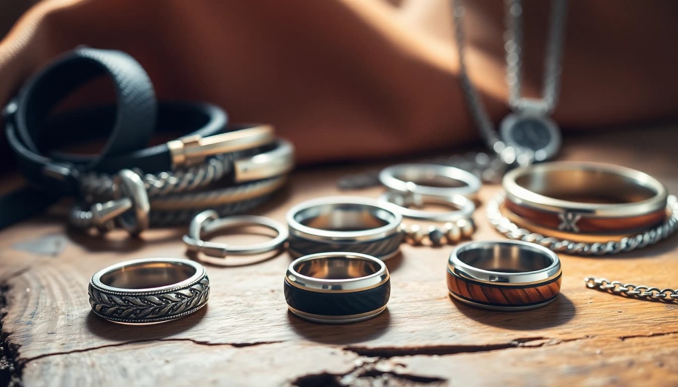Showcase of men's jewelry including rings and bracelets in a luxurious setting.