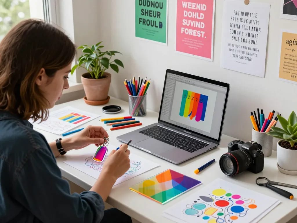 Dynamic acrylic keychain maker workspace showcasing colorful designs and crafting tools.
