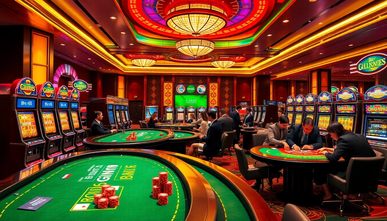 Experience seamless bk8 login access amid vibrant casino excitement with colorful tables and slot machines.