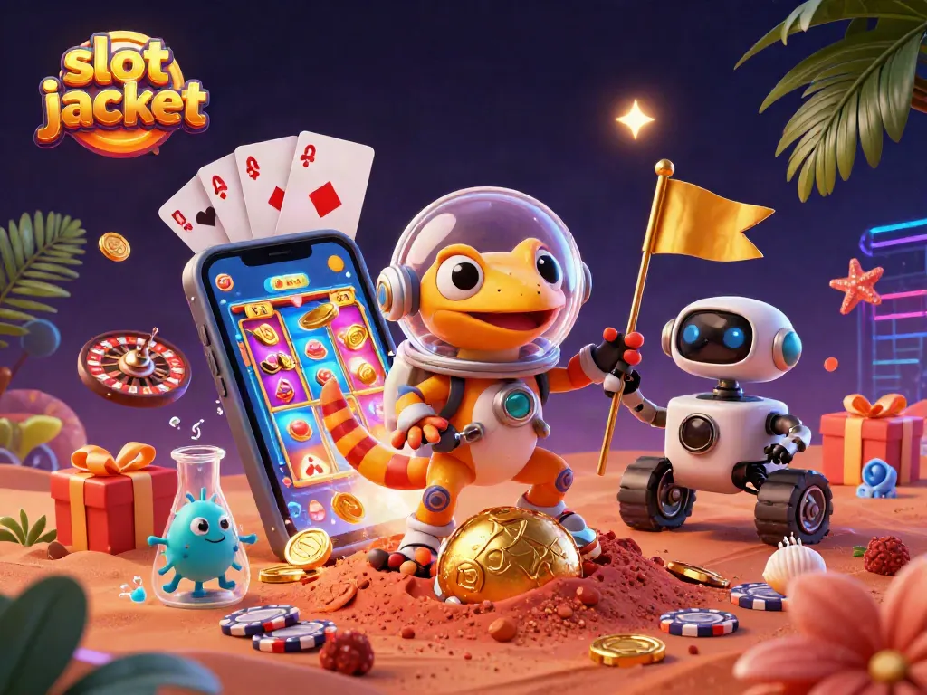 Engage in the thrill of slot jackpot gaming with a Martian gecko and vibrant casino scene.