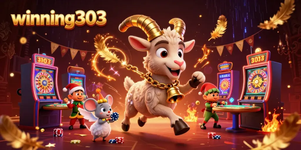 Winning303 showcases Krampus in a casino scene with angel mouse and elf gremlins, filled with excitement.