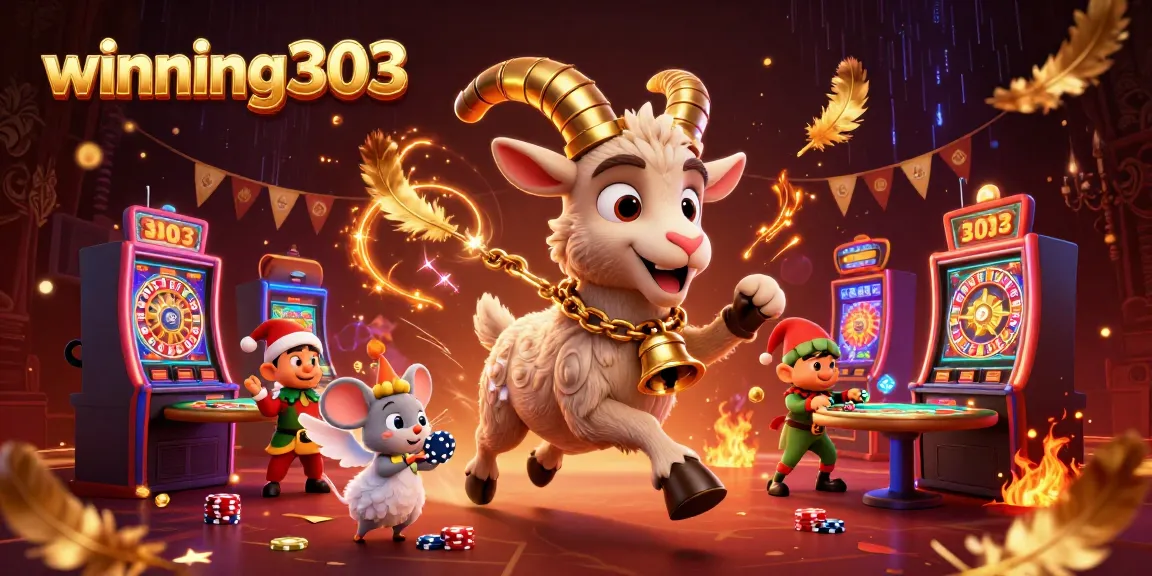 Winning303 showcases Krampus in a casino scene with angel mouse and elf gremlins, filled with excitement.