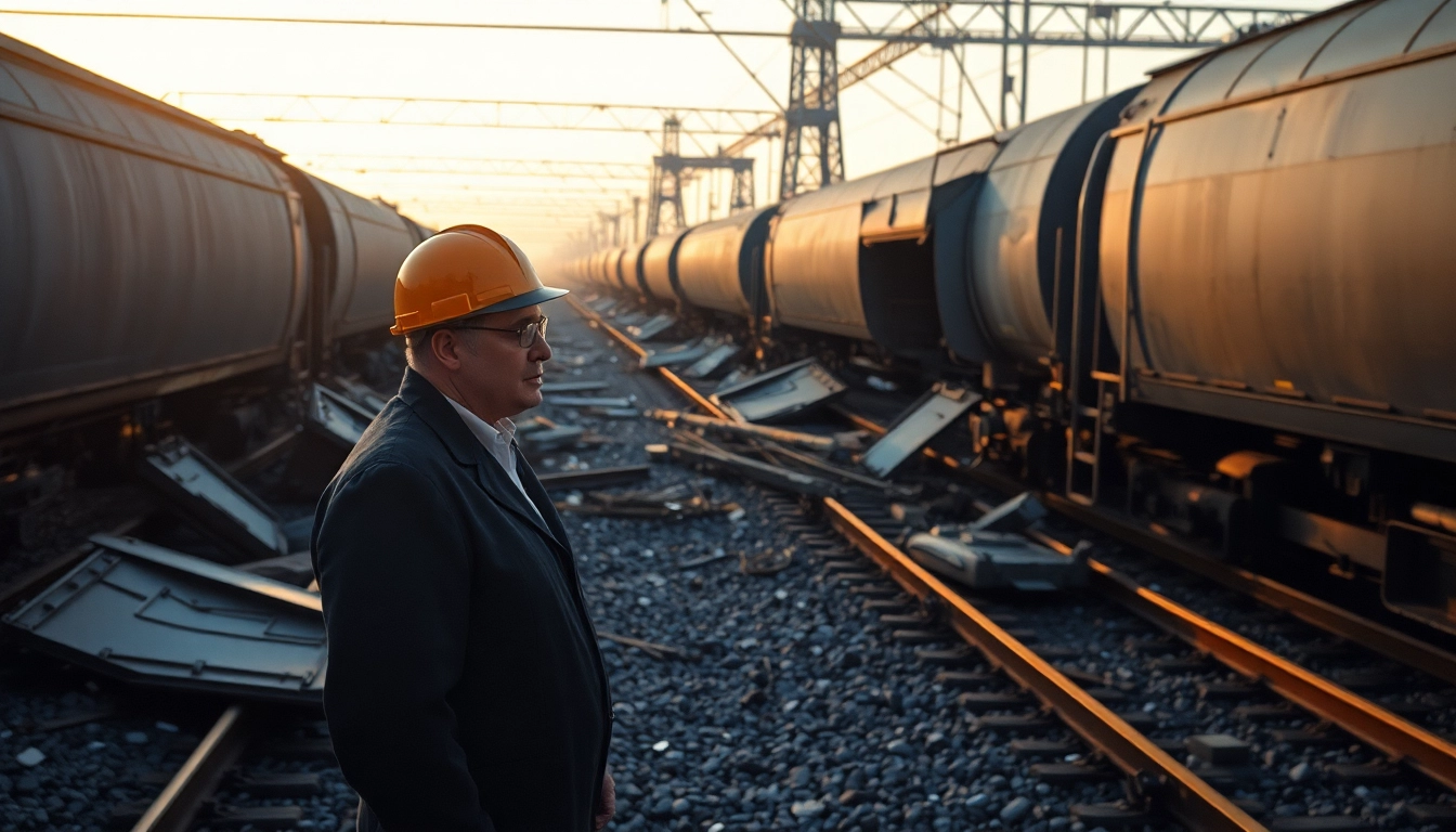 Assessing derailment scene with overturned train cars and engineer amidst the wreckage