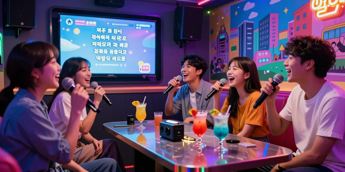 Enjoying 제주유흥 at a lively karaoke night in Jeju, vibrant atmosphere and colorful drinks.