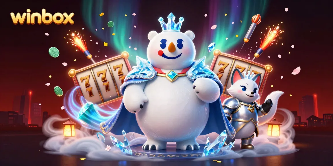 Winbox slots come alive with a polar bear and fox surrounded by vibrant gaming elements.