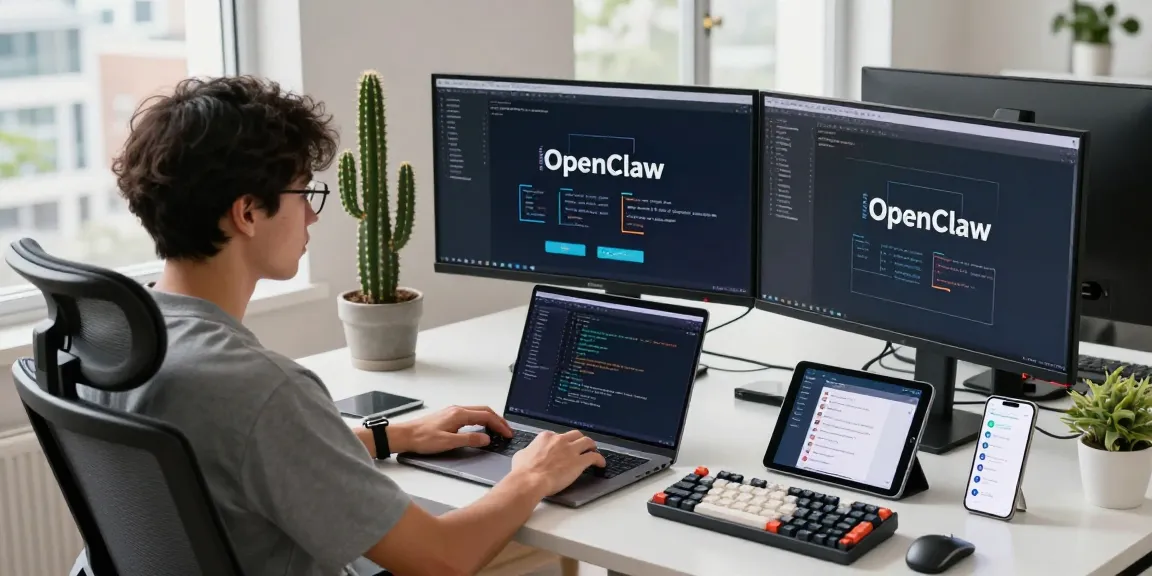 Tech-savvy developer using OpenClaw in a modern workspace with multiple screens.