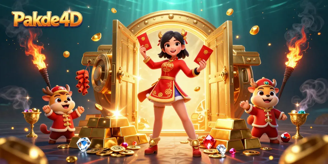 Pakde4D’s vibrant illustration showcases joyous celebration with Asian characters, luck symbols, and golden prizes.