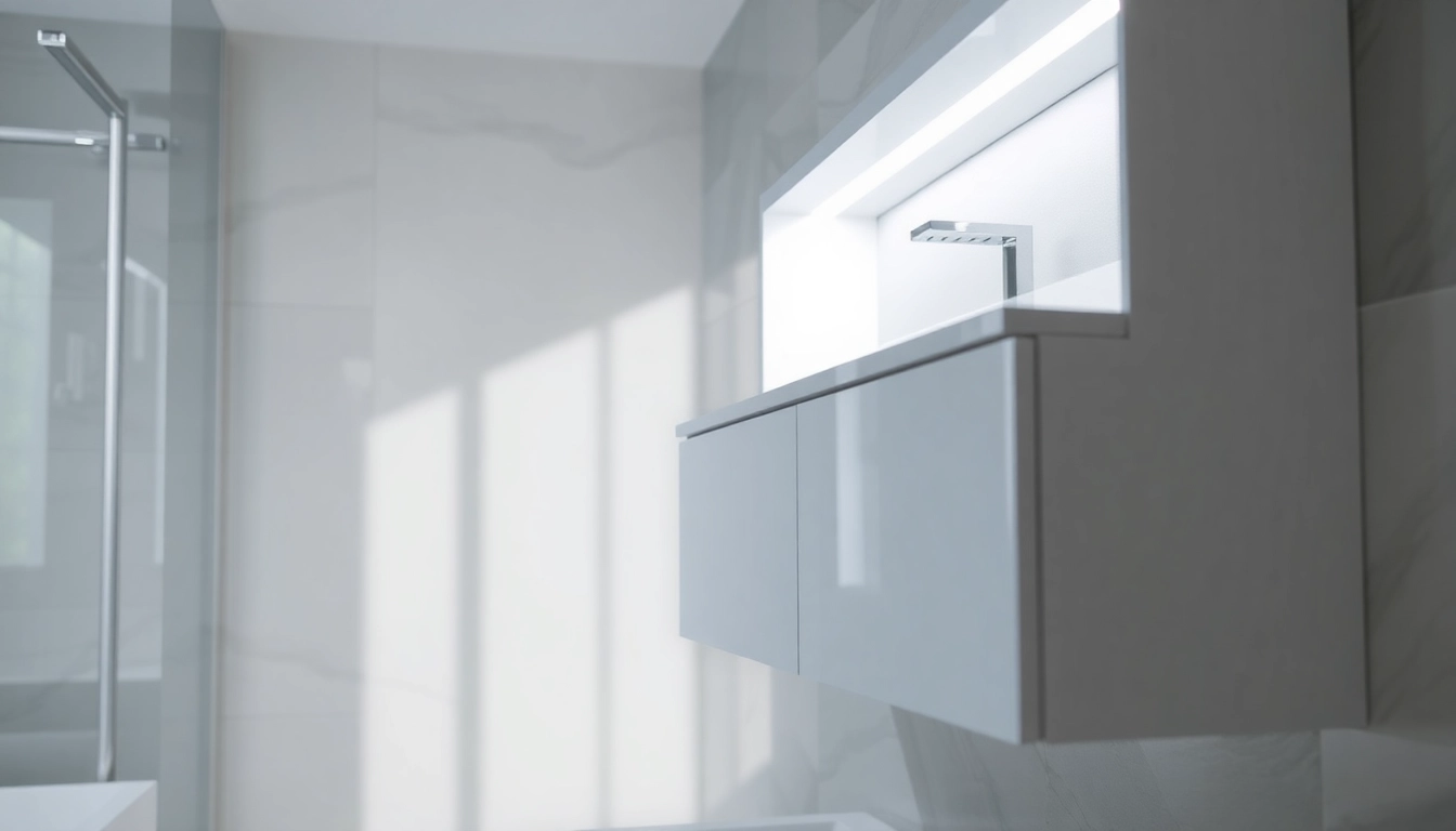 Spiegelschrank mit LED Beleuchtung in modernem Badezimmer-Design.