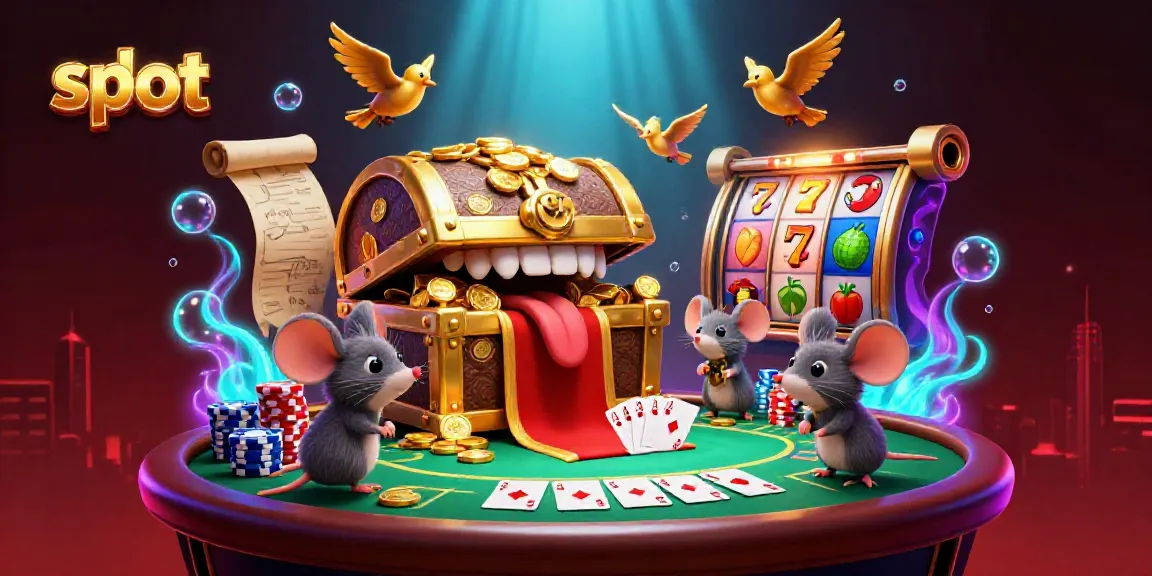 Engaging cartoon treasure chest lures adventurer mice with vibrant slot game elements.