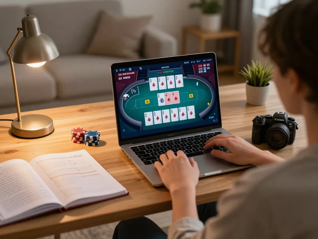 Engaging in online poker at home with 388bet on laptop showing gameplay and strategies