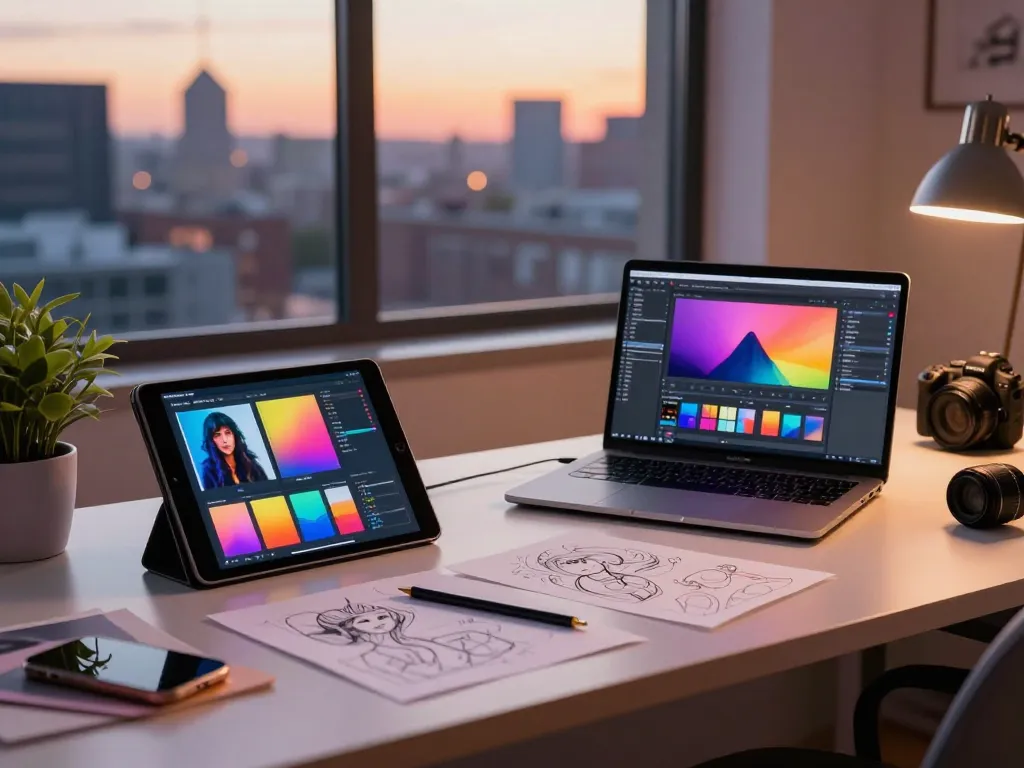 Digital artist using nano banana 2 AI editor in a creative workspace.