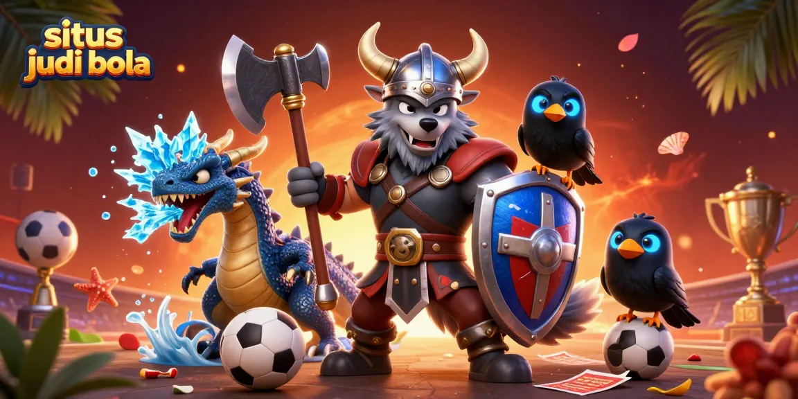 Engage in sports betting with situs judi bola featuring Viking warrior and dragon in action.