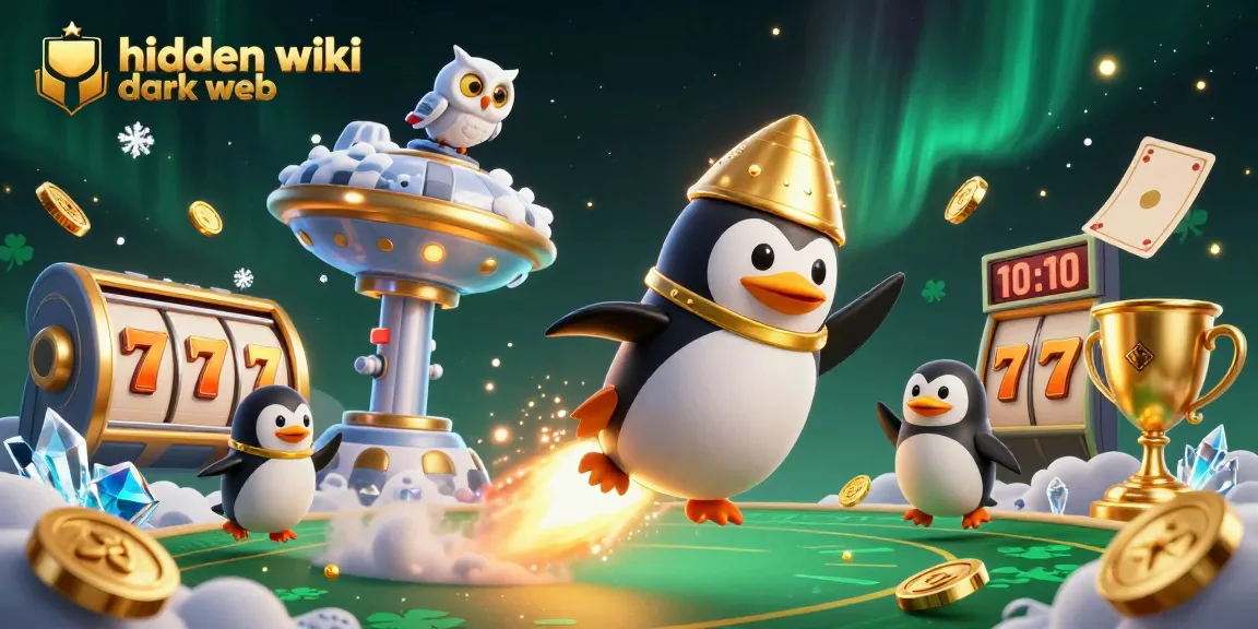 Engage with the hidden wiki dark web as a golden penguin navigates a casino space environment filled with vibrant gambling elements.