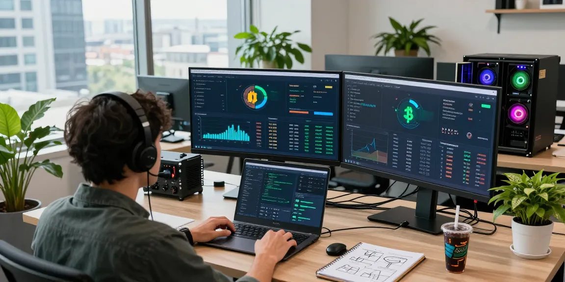 bitcoin mining company workspace with modern tech, dual monitors, cryptocurrency mining graphs and dashboards, energy-efficient GPU rig